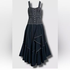 Ulla Johnson Dress Nerida Size 2 Navy Blue Embroidered Ruffle Cotton Sleeveless